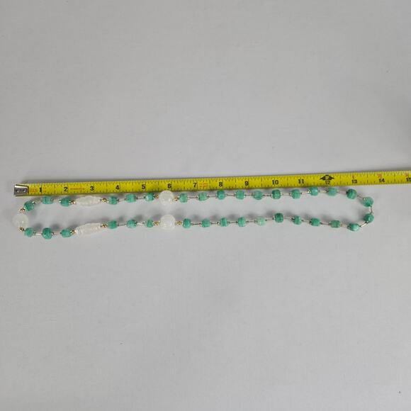 Glass Beaded Necklace with Square Sea Green Beads & White Glass Cut Beads - Picture 9 of 11